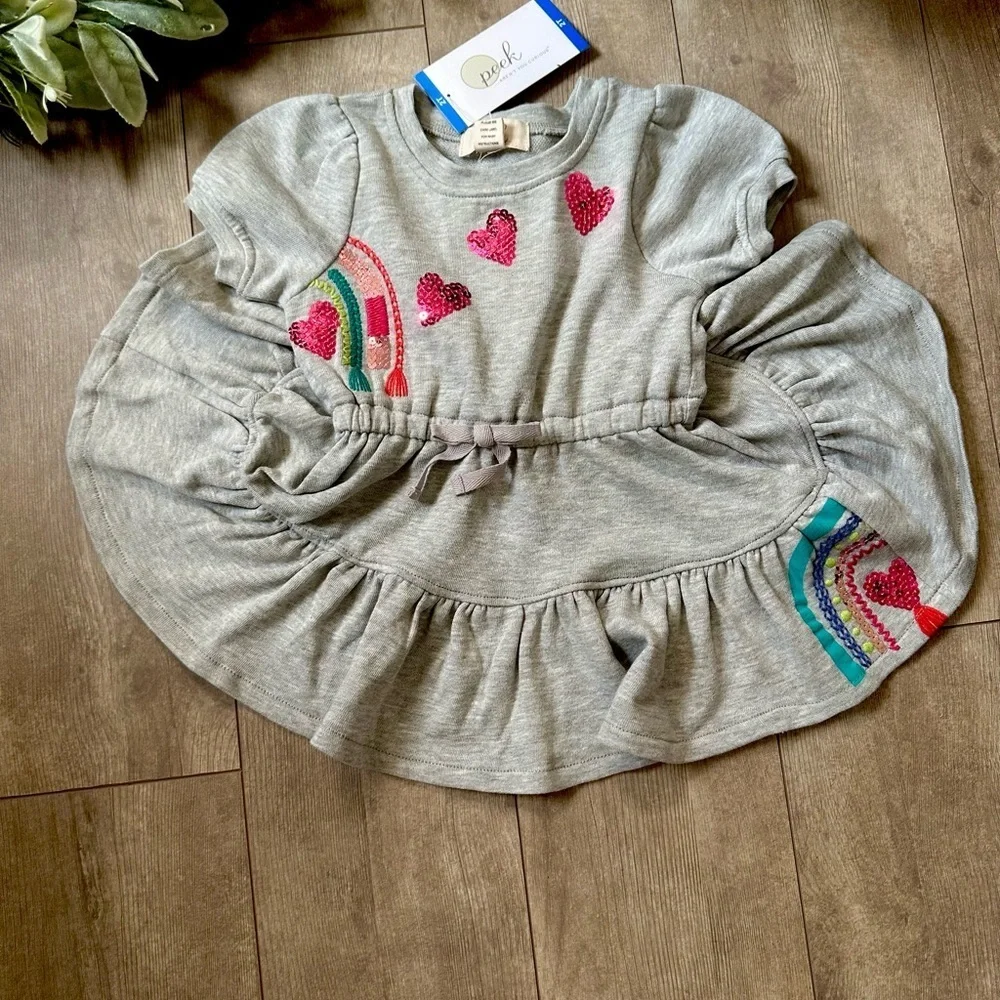 New Peek Toddler Girls Short Sleeve Sequin Dress Rainbow And Hearts size 2T